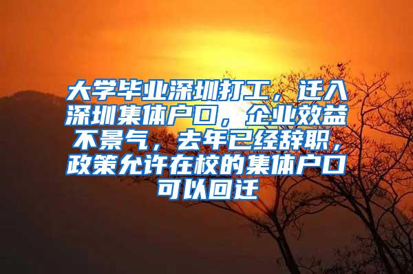 大学毕业深圳打工，迁入深圳集体户口，企业效益不景气，去年已经辞职，政策允许在校的集体户口可以回迁